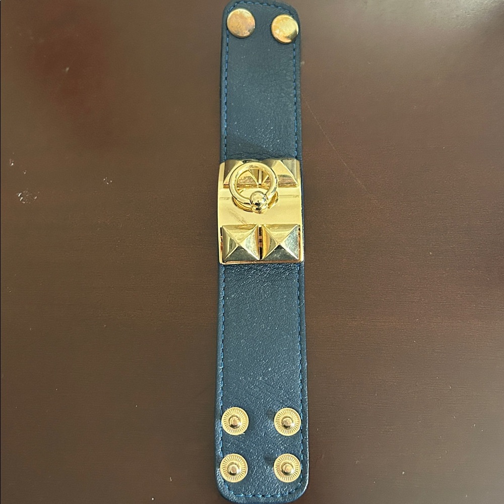 Chic Blue Leather Bracelet with Gold Details